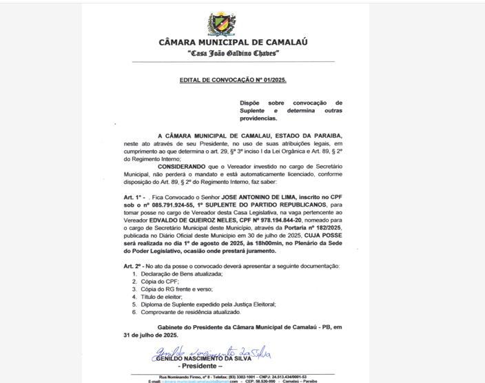 EDITAL DE CONVOCAÇÃO N° 01/2025....